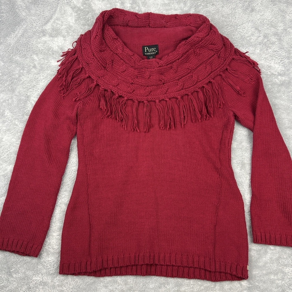Pure Handknit Womens S/M Sweater 100% Cotton Raspberry‎ Red Cable Knit Fringe